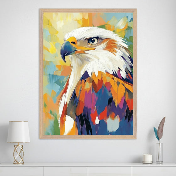Modern room with a white dresser. A large framed, vibrant abstract painting of a bald eagle's head and chest hangs centered above the dresser.