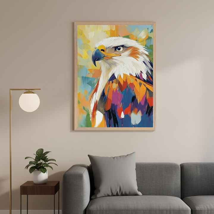 Modern living room with a gray sofa. Above the sofa hangs a framed, abstract, colorful painting of an eagle in profile, with white head feathers and vibrant orange, blue, purple body feathers. A brass floor lamp and a small plant on a side table are to the left.