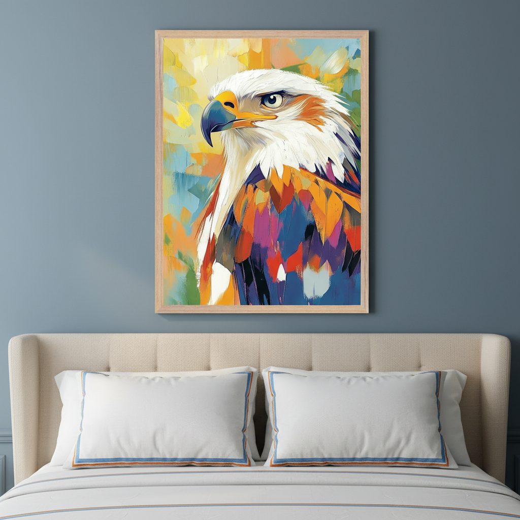 Bedroom with a light upholstered bed and white pillows. A framed, colorful, abstract painting of an eagle is centered above the bed on a blue-gray wall.