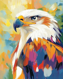 A bald eagle with a fierce expression, featuring a white head, piercing blue eye, and vibrantly colored feathers in bold strokes of orange, red, purple, and blue. The abstract background in soft pastels enhances the dramatic, patriotic feel of the artwork.