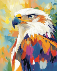 A bald eagle with a fierce expression, featuring a white head, piercing blue eye, and vibrantly colored feathers in bold strokes of orange, red, purple, and blue. The abstract background in soft pastels enhances the dramatic, patriotic feel of the artwork.