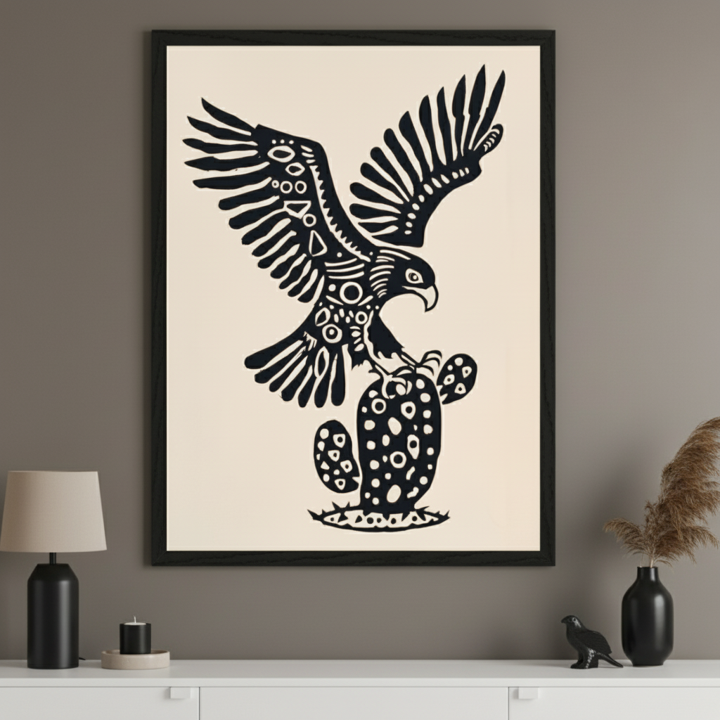 Modern room with a white console table. A large framed black and off-white tribal-style artwork of an eagle with spread wings perched on a cactus hangs centered above the table.