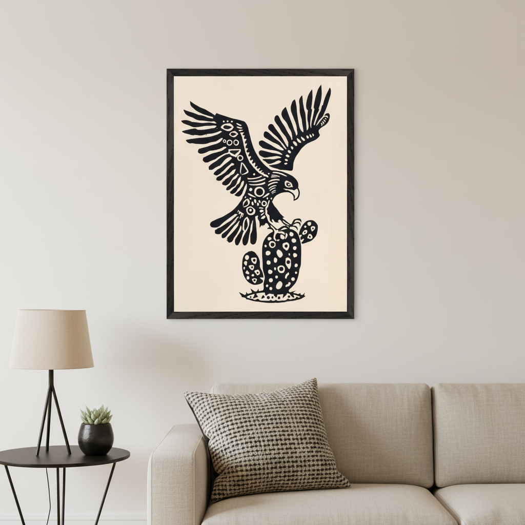 Modern living room with a beige sofa and a black side table. A large framed black-and-white graphic print of an eagle perched on a patterned cactus hangs above the sofa.
