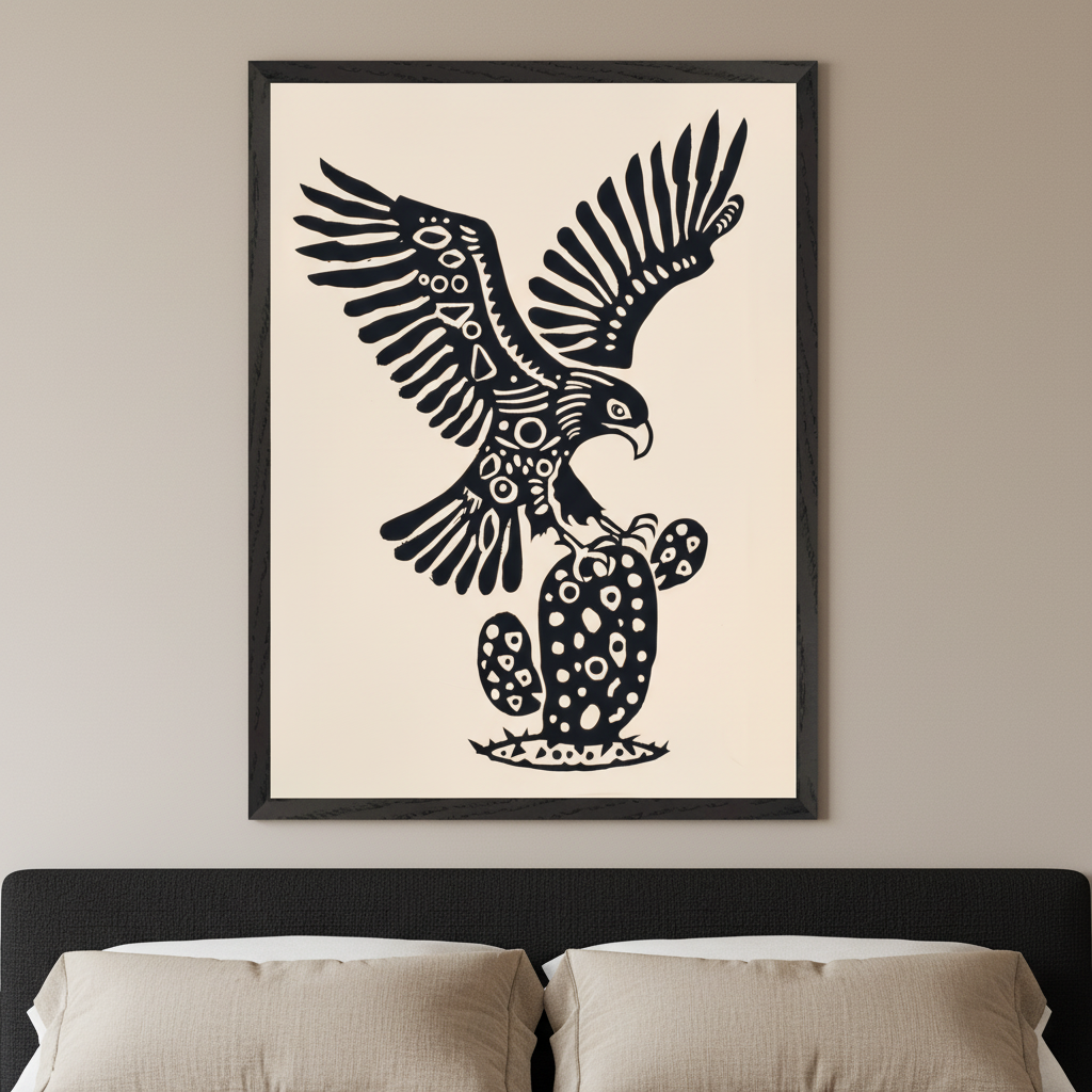 Modern bedroom with a black bed and beige pillows. A large black-framed artwork on a light beige background, featuring a stylized black eagle with patterned details landing on a stylized black cactus, hangs above the bed.