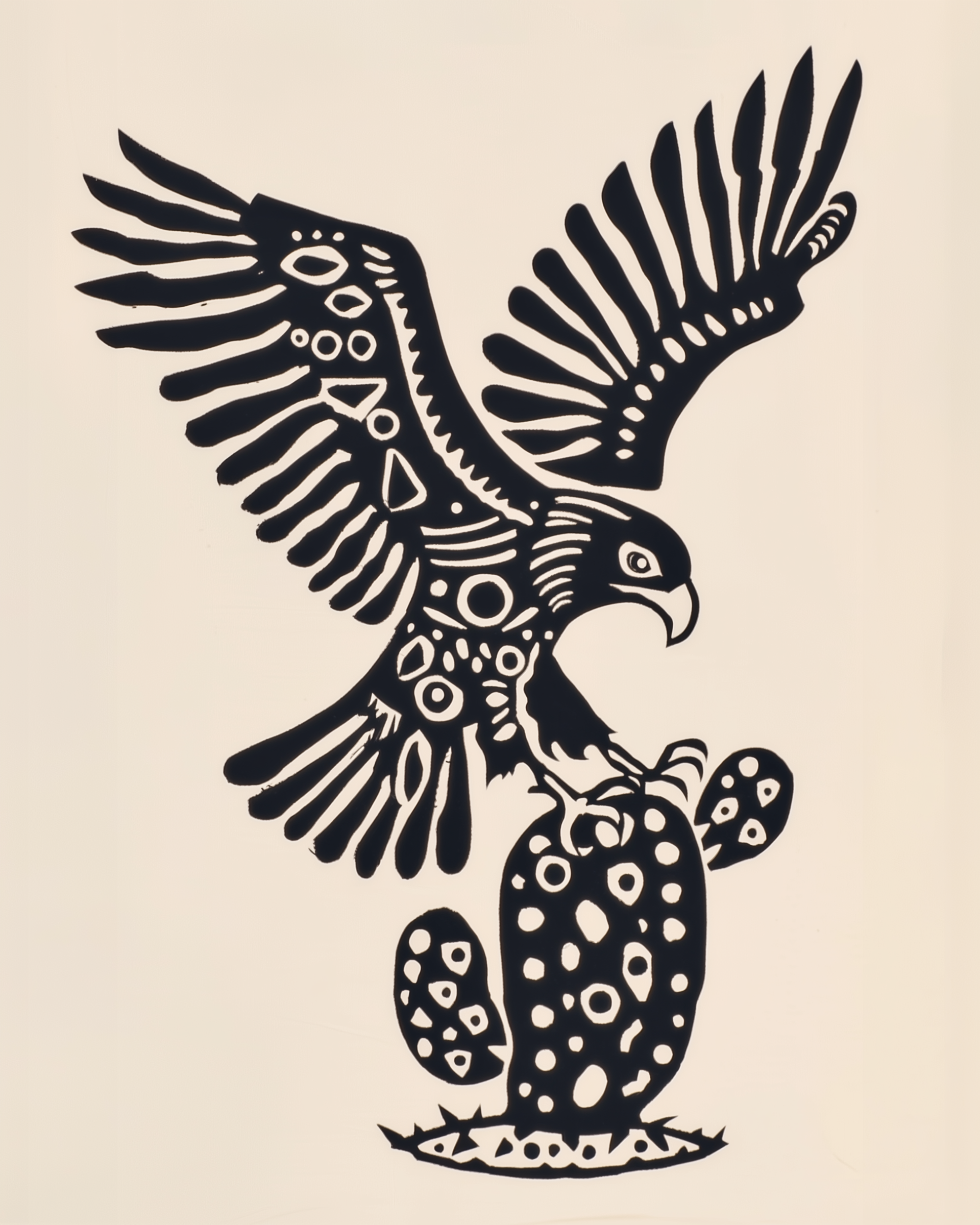 A bold black-and-white graphic of an eagle with decorated wings swooping down onto a cactus with dotted pads and fruit. The eagle's design includes geometric and circular patterns throughout its body.