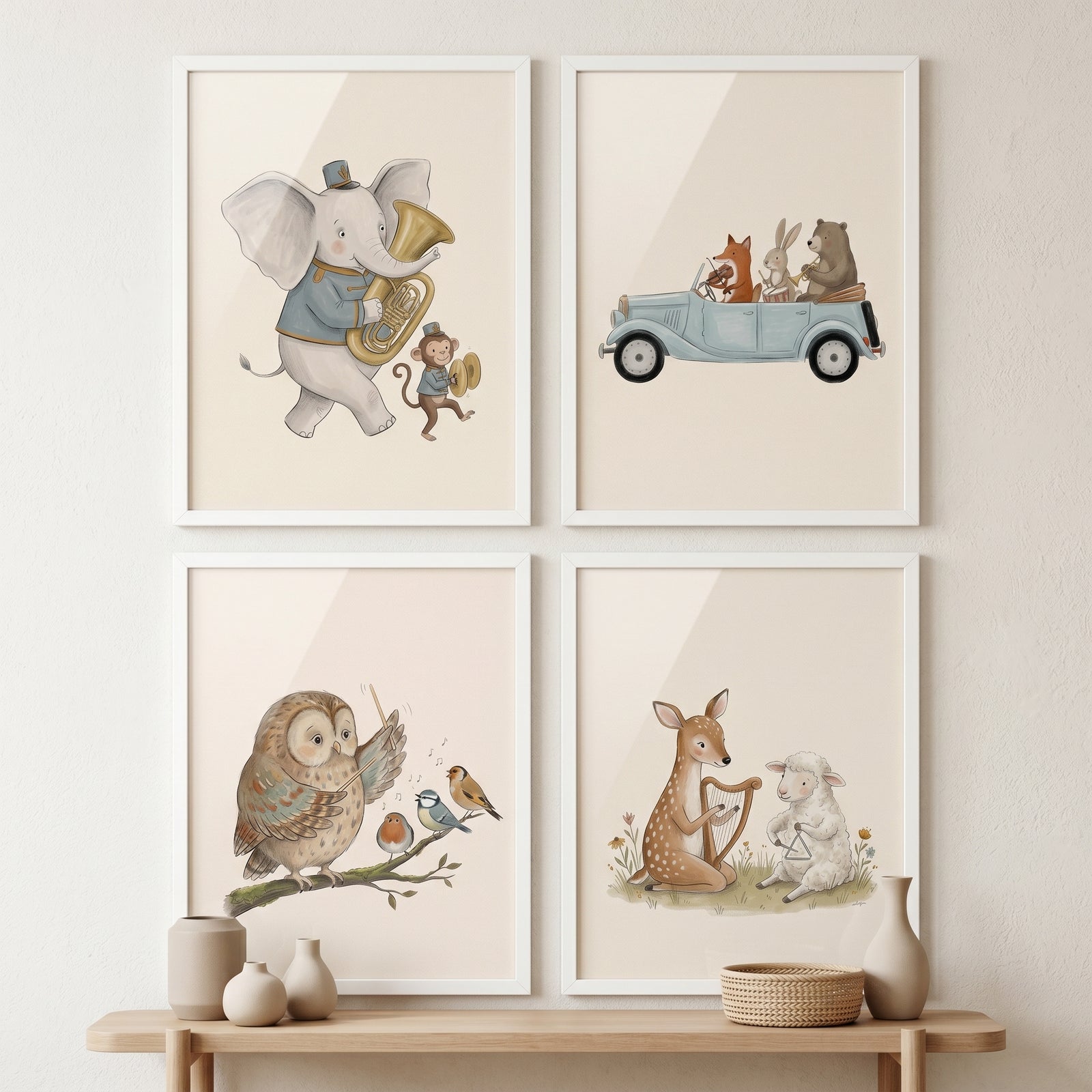 Earth tone band animal wall art set of 4 featuring whimsical animals playing musical instruments in white frames.