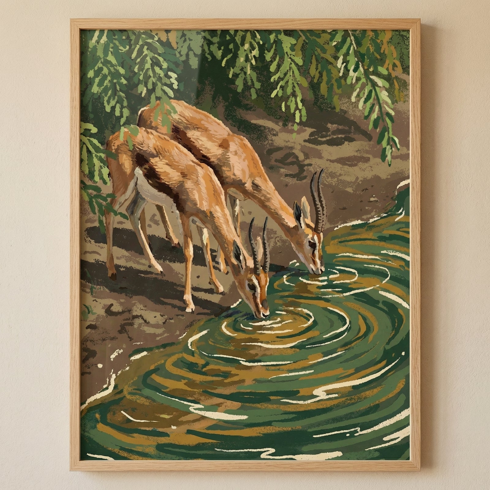 A framed graphic illustration in a vintage mid-century modern style. The image depicts two slender gazelles with distinctive long, curved horns drinking from a shaded pool of water. The scene is rendered with flat, bold blocks of color and visible textures, using a palette of earthy browns, tans, and deep greens. 
