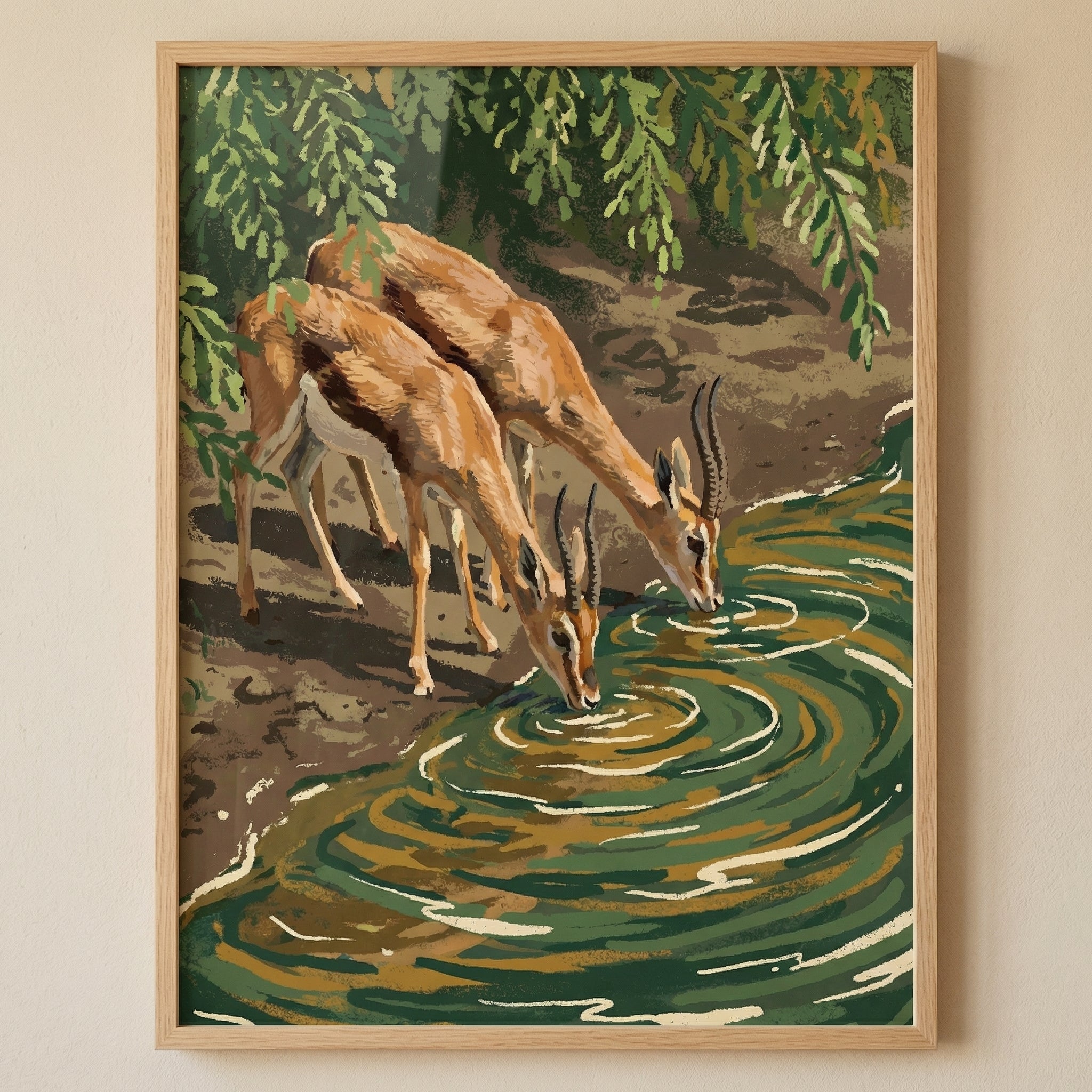 Earth Tone Drinking Gazelle Wall Art - Thirsty Gazelles