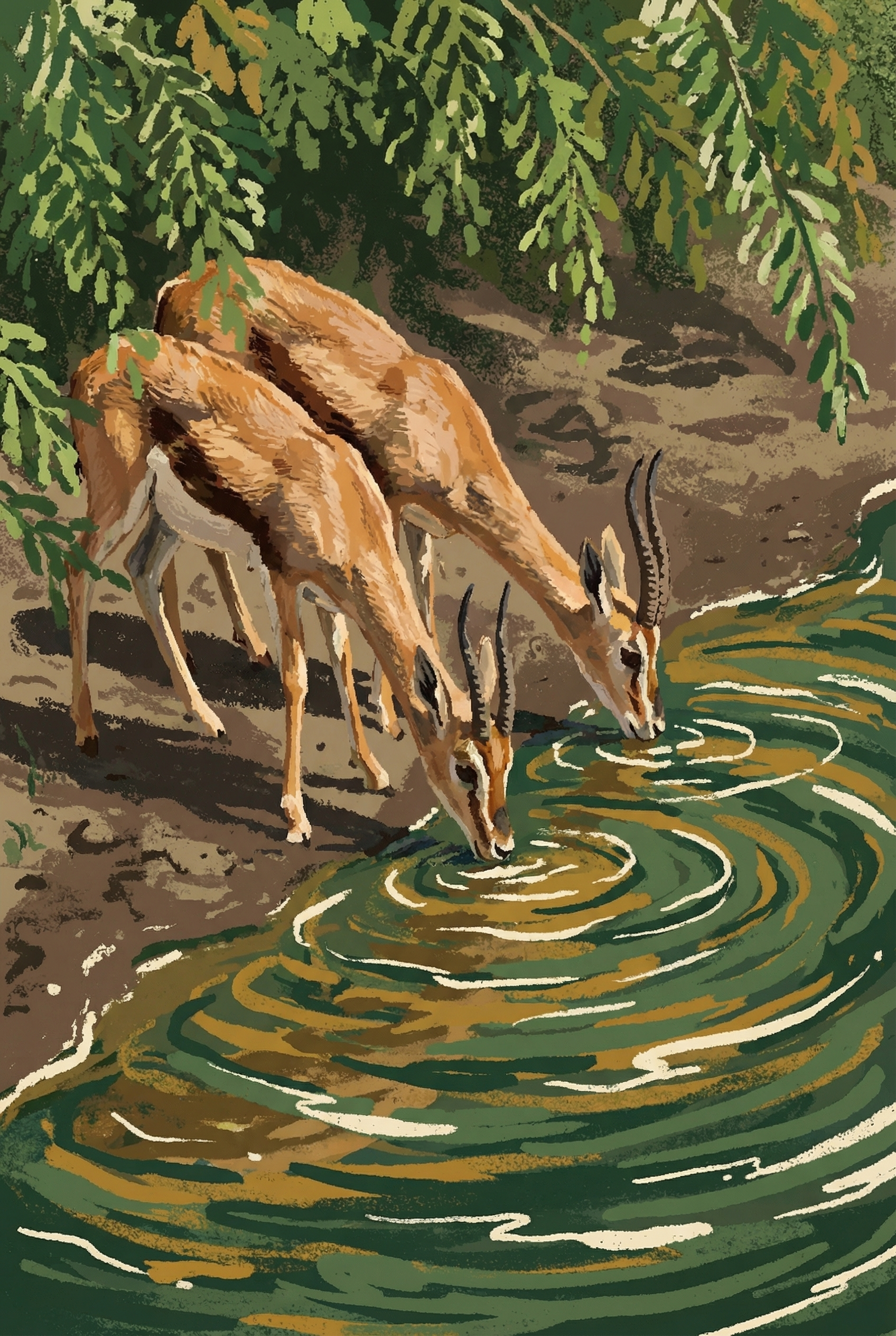 Earth Tone Drinking Gazelle Wall Art - Thirsty Gazelles