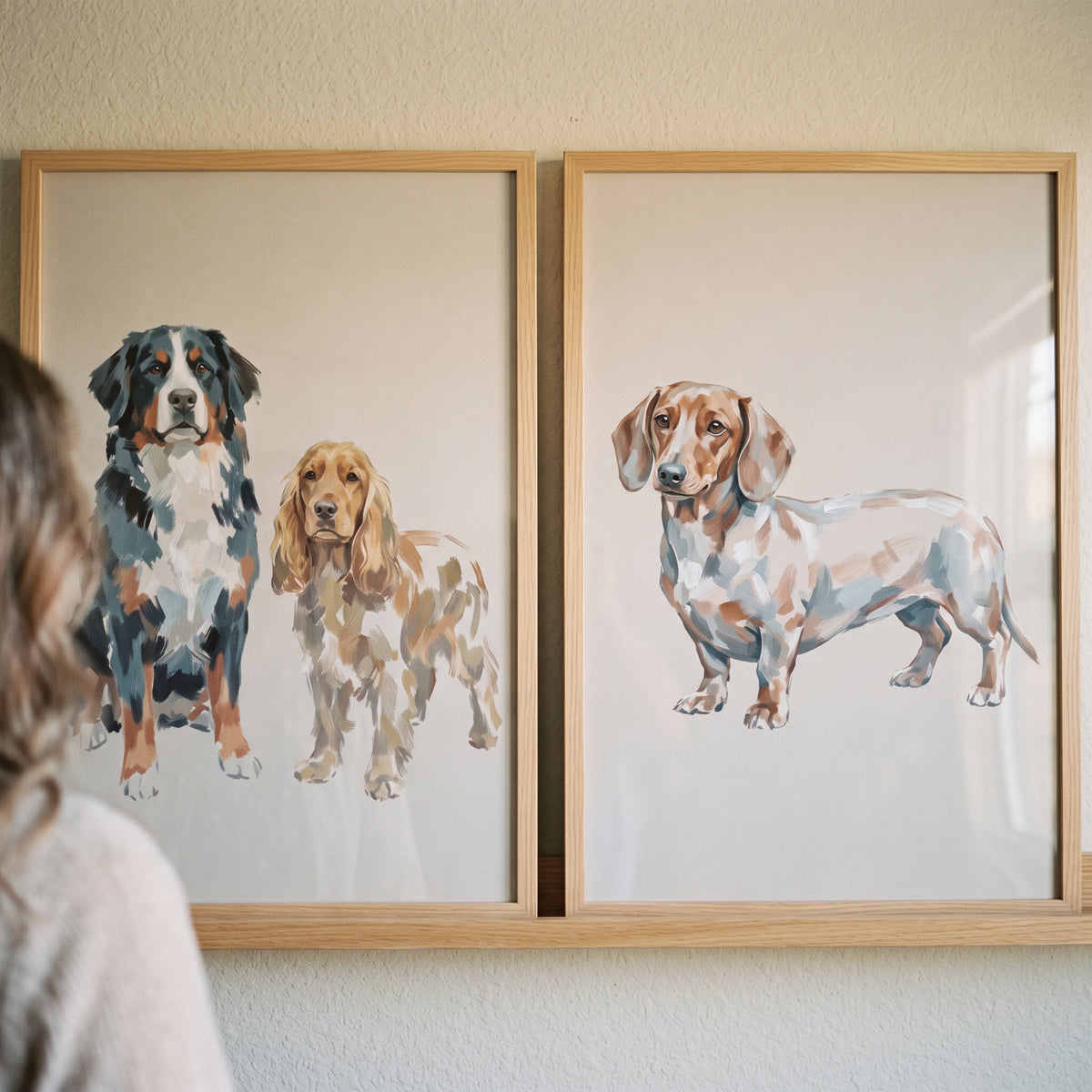 Framed earth tone painterly dogs wall art set of 2 featuring a Bernese Mountain Dog, spaniel, and dachshund.