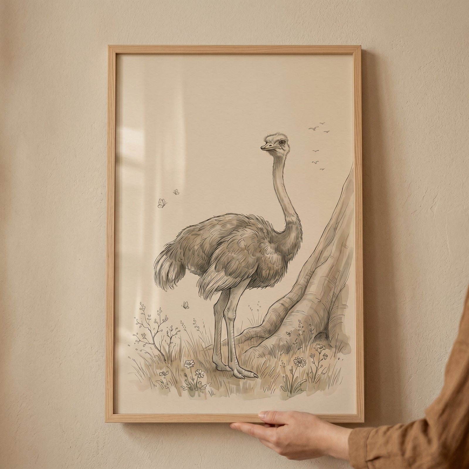 Earth tone safari ostrich wall art in a wood frame showing a sketched ostrich standing by a tree trunk and wildflowers.