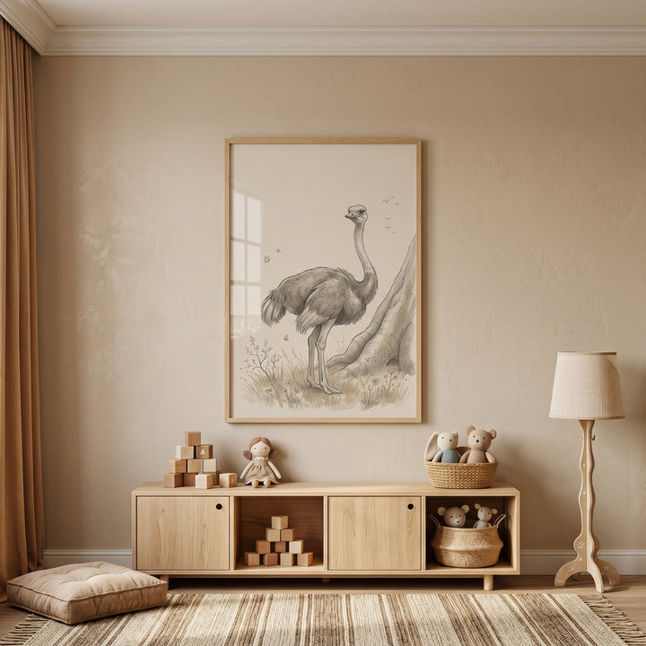 Earth tone safari ostrich wall art above a wooden sideboard in a minimalist nursery with soft colors and plush toys.