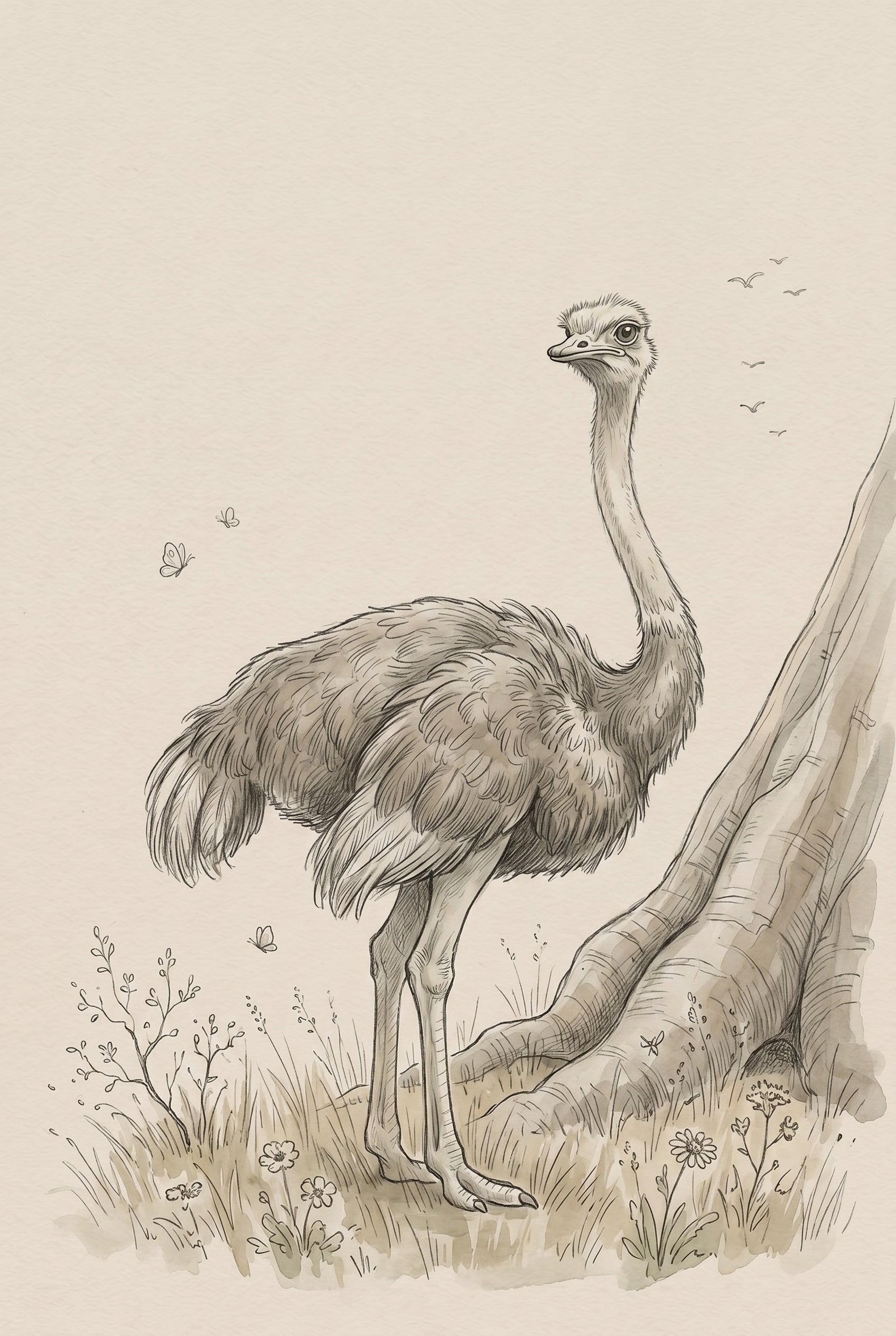Earth Tone Safari Ostrich Wall Art - Serene Ostrich Sketch