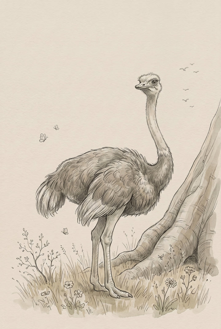 Earth tone safari ostrich wall art sketch showing an ostrich standing in a meadow near a large tree with butterflies.