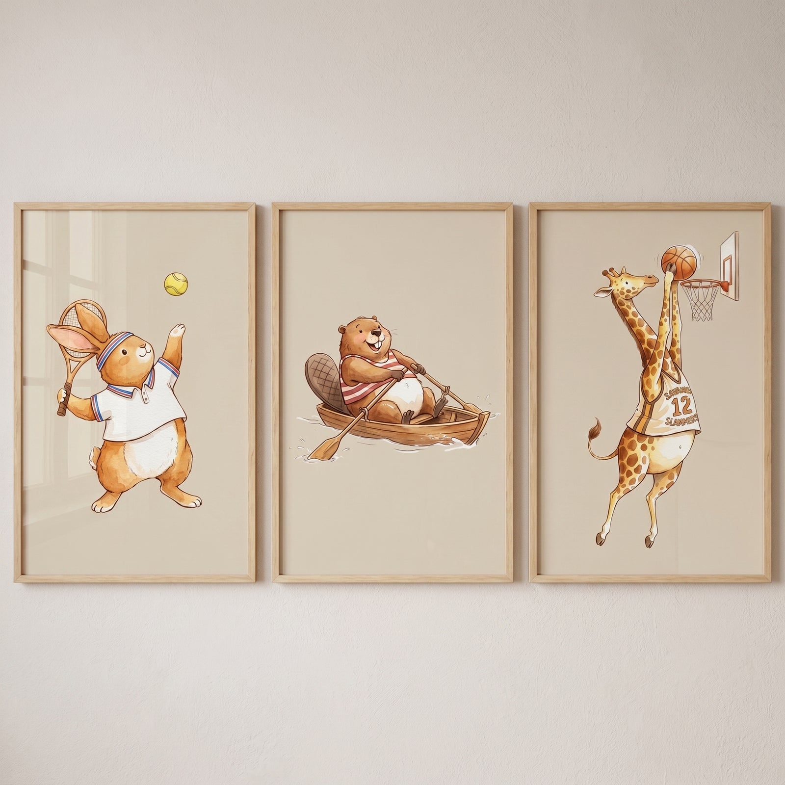 Earth tone sports animals wall art set of 3 featuring a rabbit playing tennis, a rowing beaver, and a basketball giraffe.