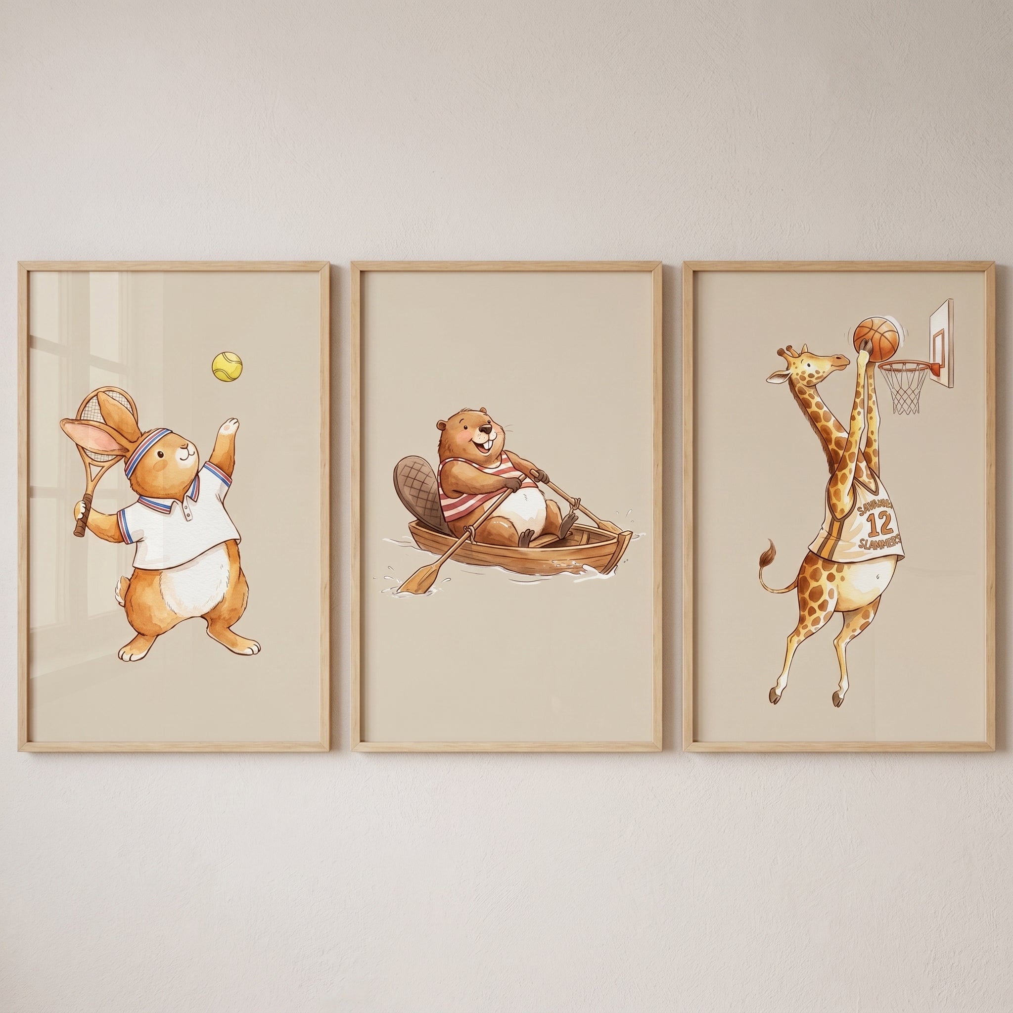 Earth Tone Sports Animals Wall Art Set of 3 - Little Athlete Illustrations