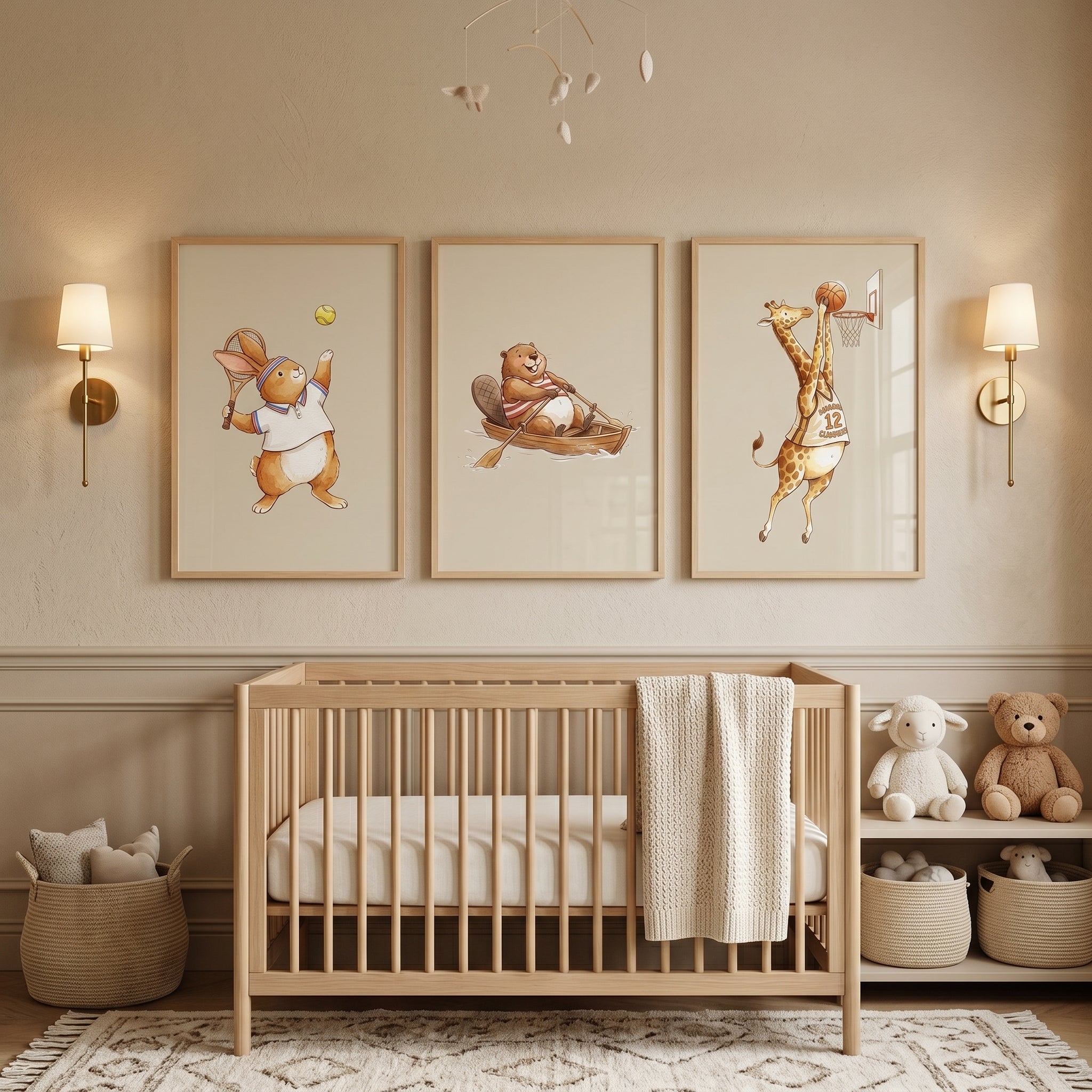 Earth Tone Sports Animals Wall Art Set of 3 - Little Athlete Illustrations