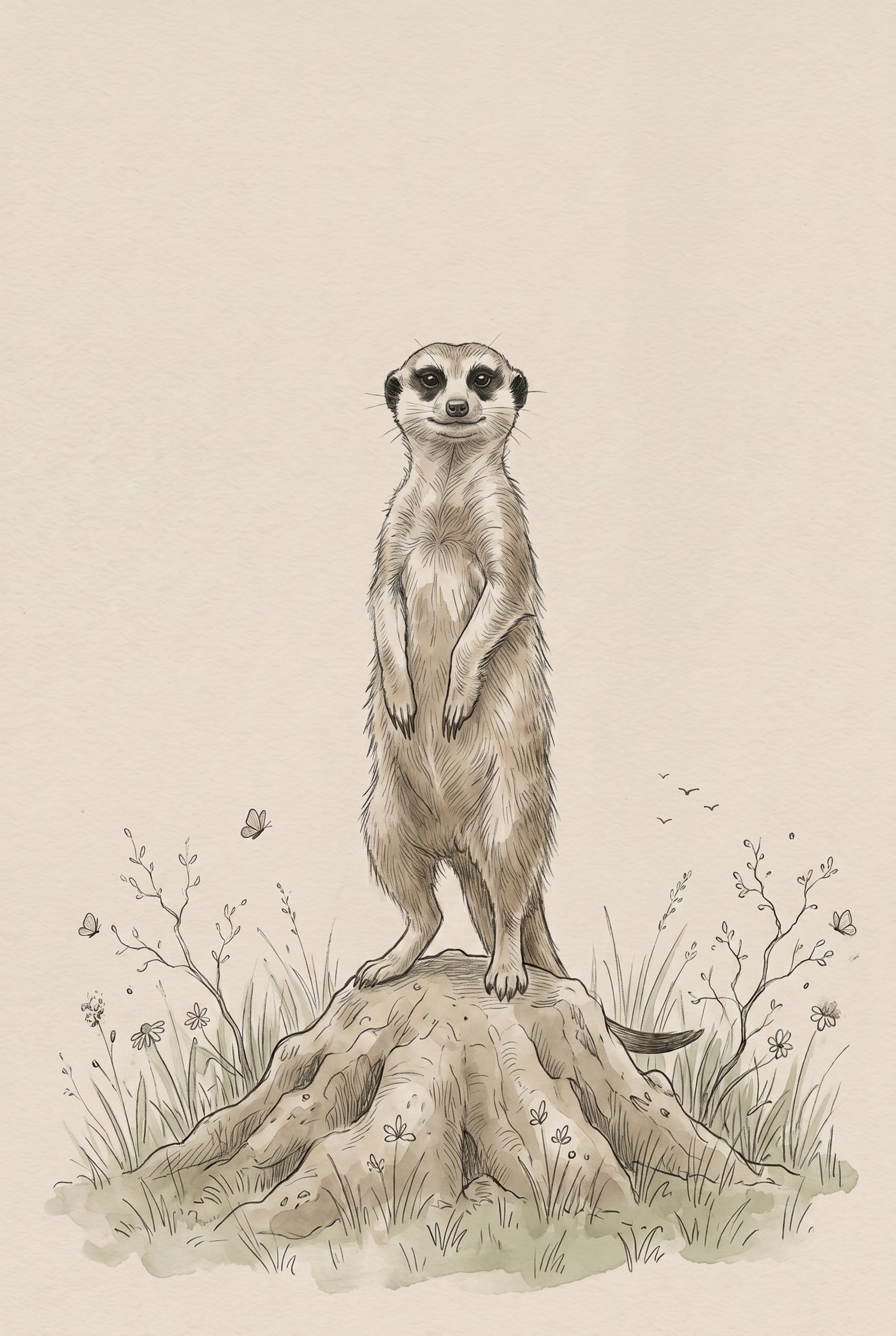 Earth Tone Standing Meerkat Wall Art - Desert Sentry Sketch