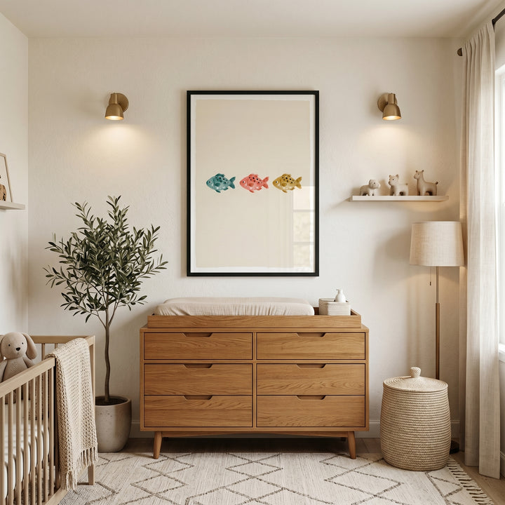 Nursery featuring a wood dresser, crib, potted tree, and earth tone swimming fish print between gold wall sconces.