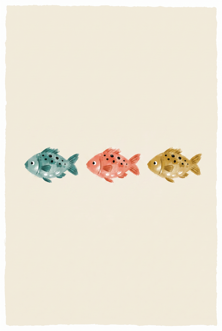 Three spotted fish in teal, coral, and yellow-brown swim in a row on an earth tone swimming fish print.