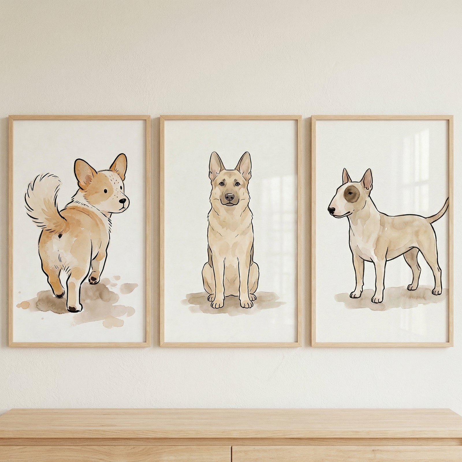 Three framed minimalist illustrations of dogs hang side-by-side on a light wall above a wooden sideboard. Each vertical frame is made of light-colored wood. The leftmost artwork shows a small, tan-and-white, short-legged dog looking back over its shoulder. 