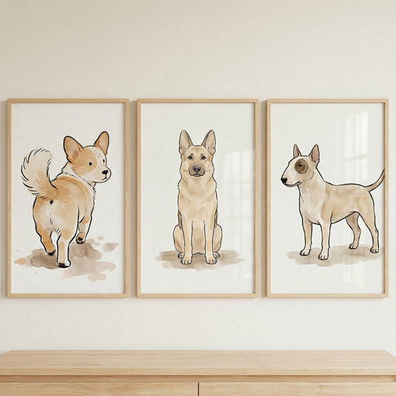 Three framed minimalist illustrations of dogs hang side-by-side on a light wall above a wooden sideboard. Each vertical frame is made of light-colored wood. The leftmost artwork shows a small, tan-and-white, short-legged dog looking back over its shoulder. 