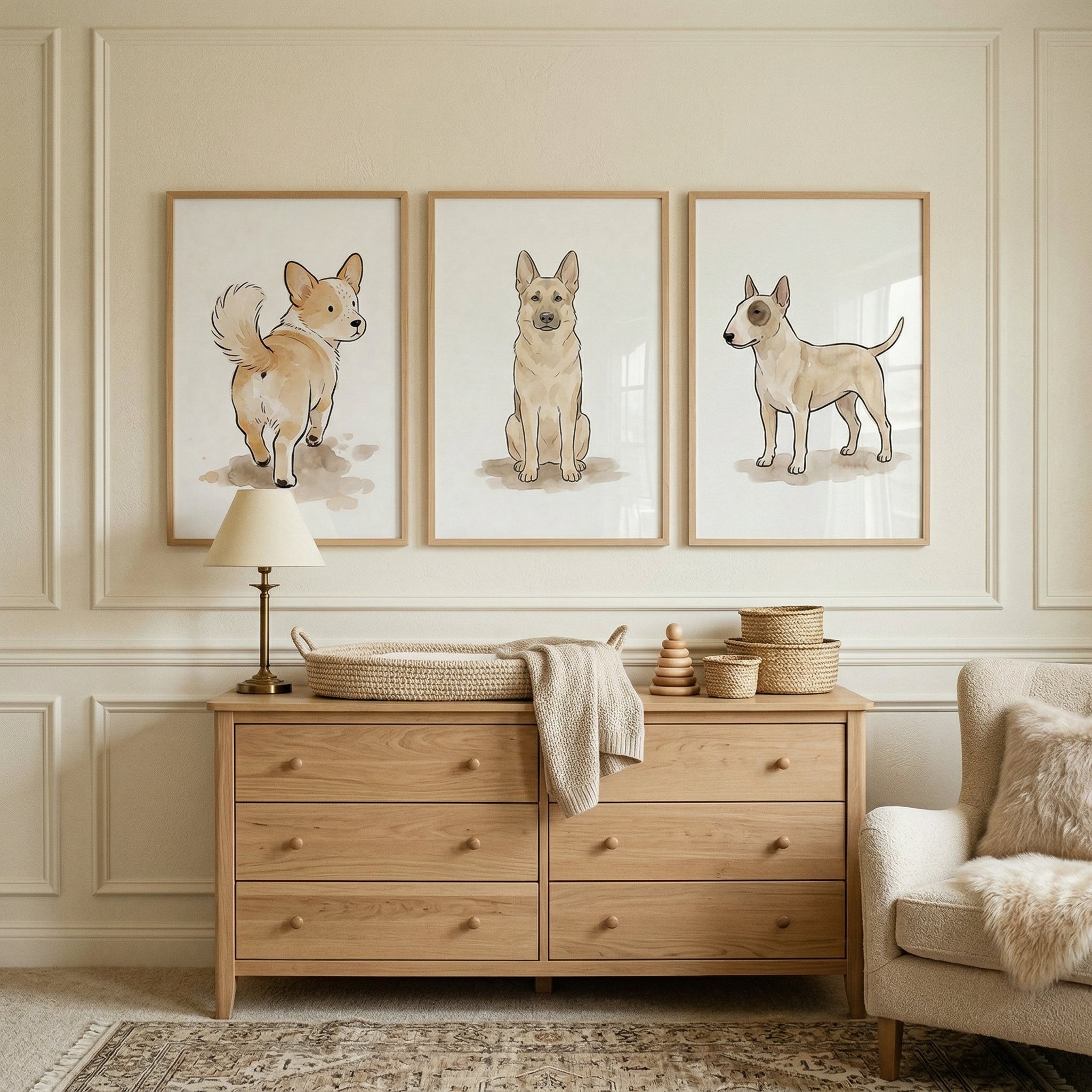 Earth Tone Watercolor Dog Wall Art Set of 3 - Faithful Dog Trio