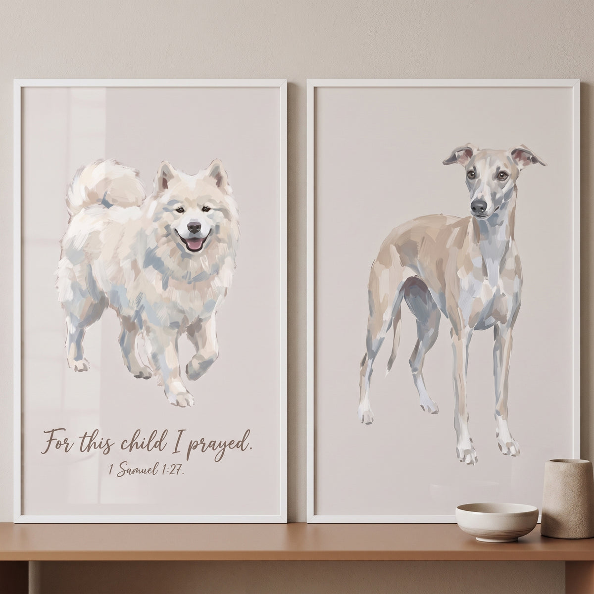 Earth tone watercolor dogs wall art set of 2 featuring a fluffy white dog with 1 Samuel 1:27 and a slender tan hound.