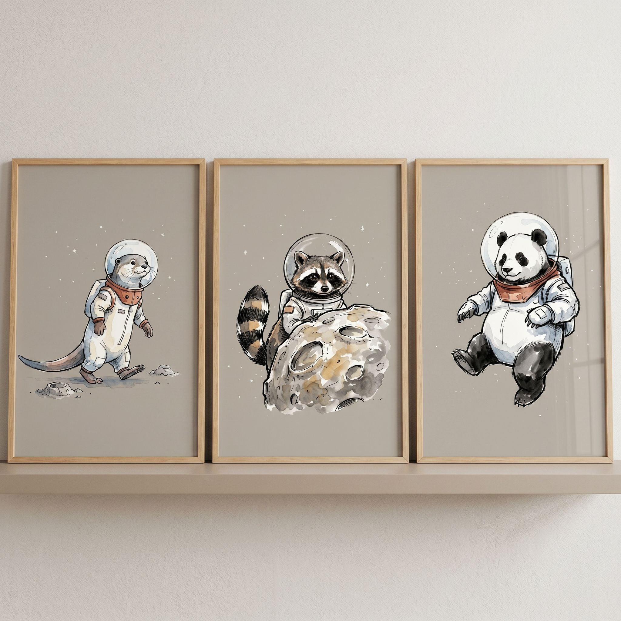 Earthen Tone Astronaut Animal Wall Art Set of 3 - Space Animal Trio