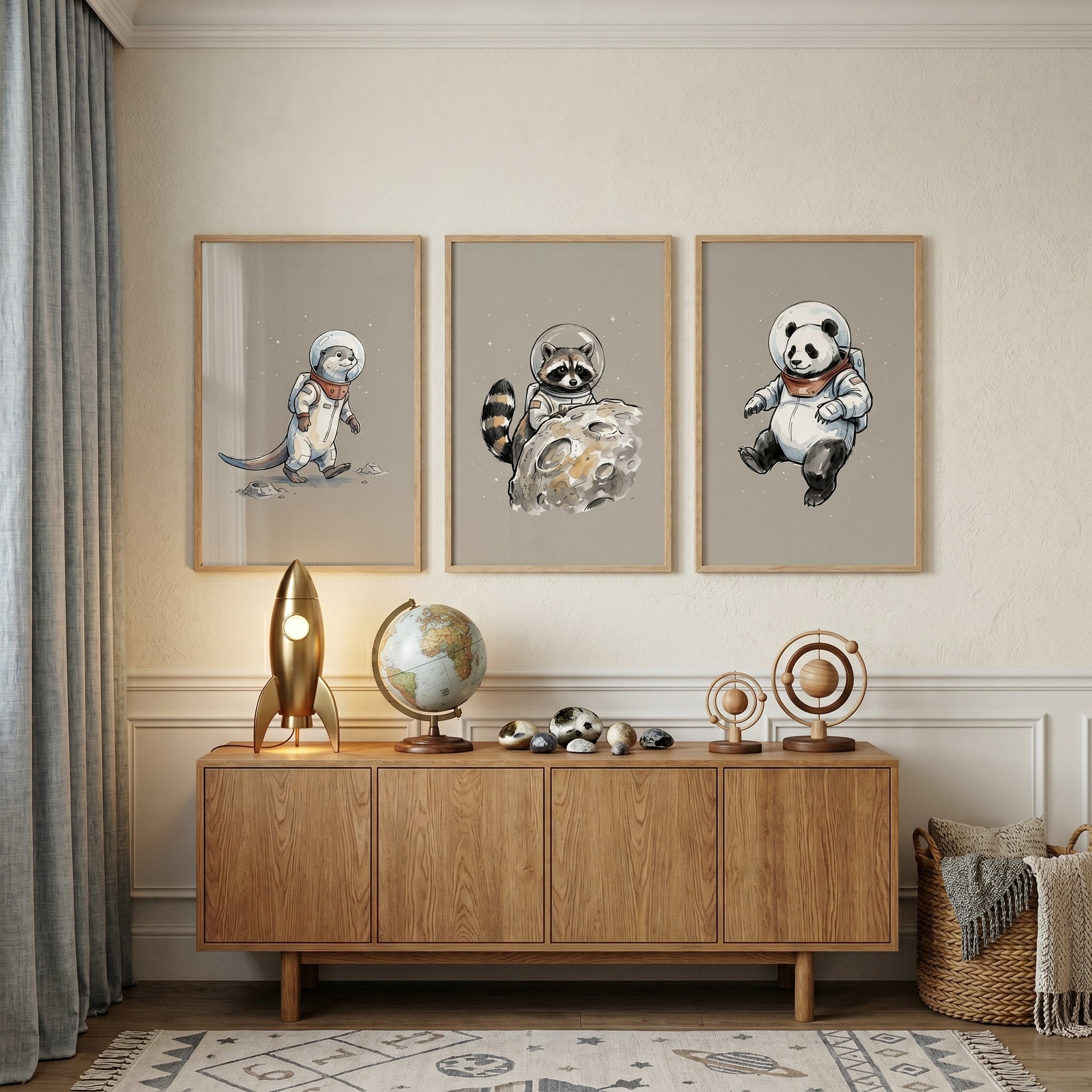 Earthen Tone Astronaut Animal Wall Art Set of 3 - Space Animal Trio