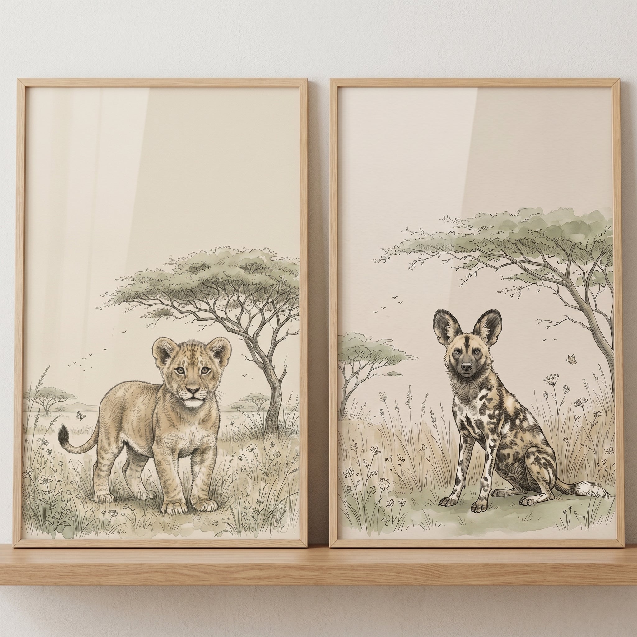 Earthy Beige Safari Animal Wall Art Set Of 2 - Savanna Wildlife Duo