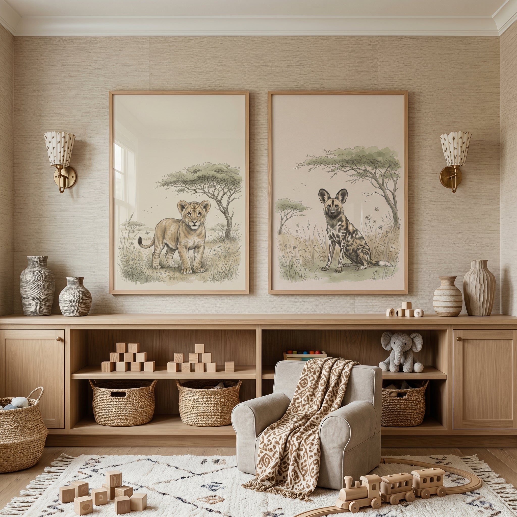 Earthy Beige Safari Animal Wall Art Set Of 2 - Savanna Wildlife Duo
