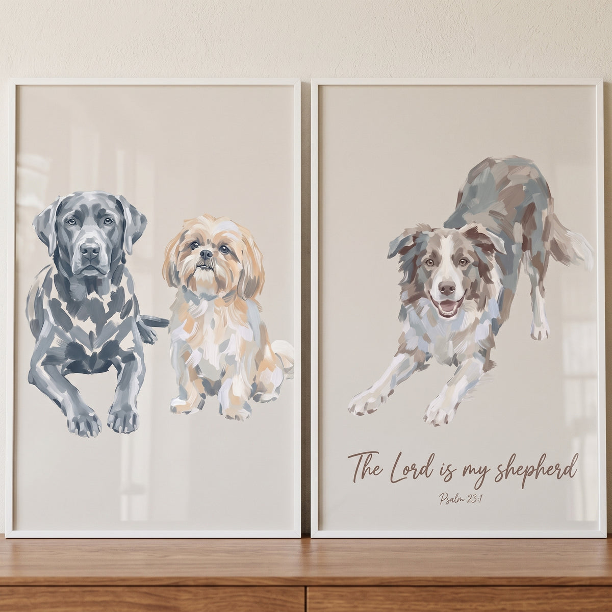 Earthy Beige Scripture Dogs Wall Art Set of 2 - Faithful Paws Grace