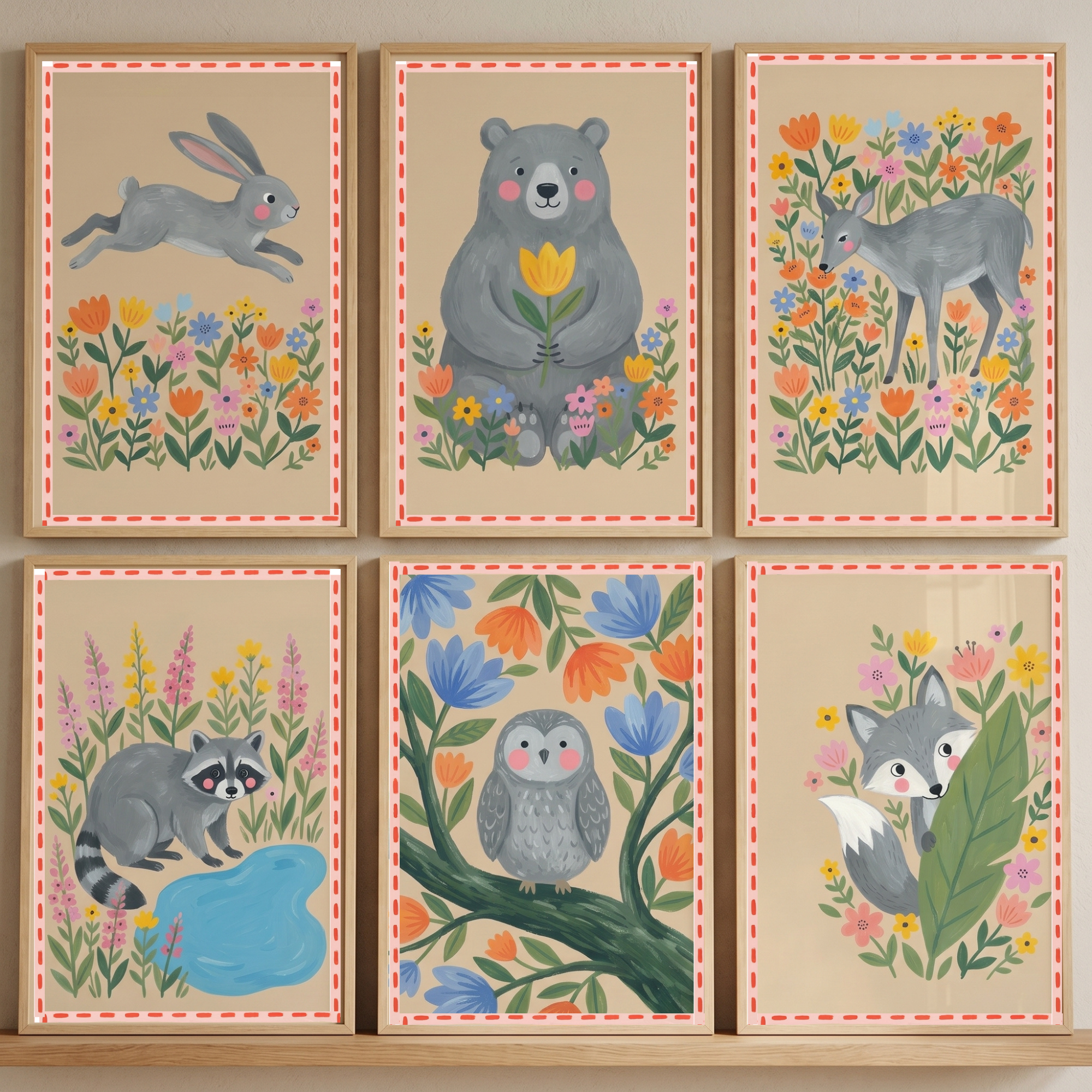 Earthy Botanical Forest Animal Wall Art Set Of 6 - Woodland Animal Friends