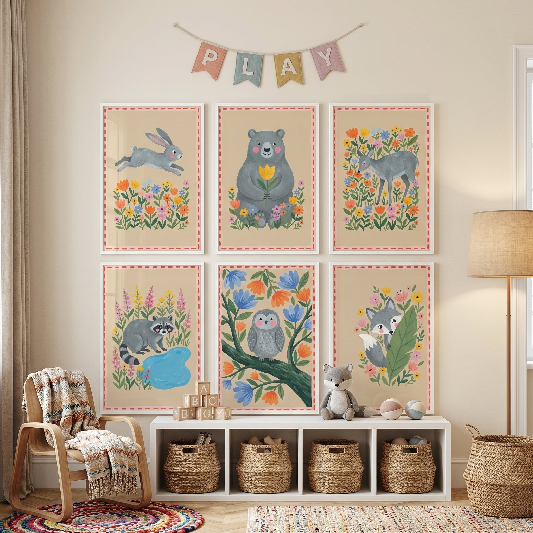 Earthy Botanical Forest Animal Wall Art Set Of 6 - Woodland Animal Friends