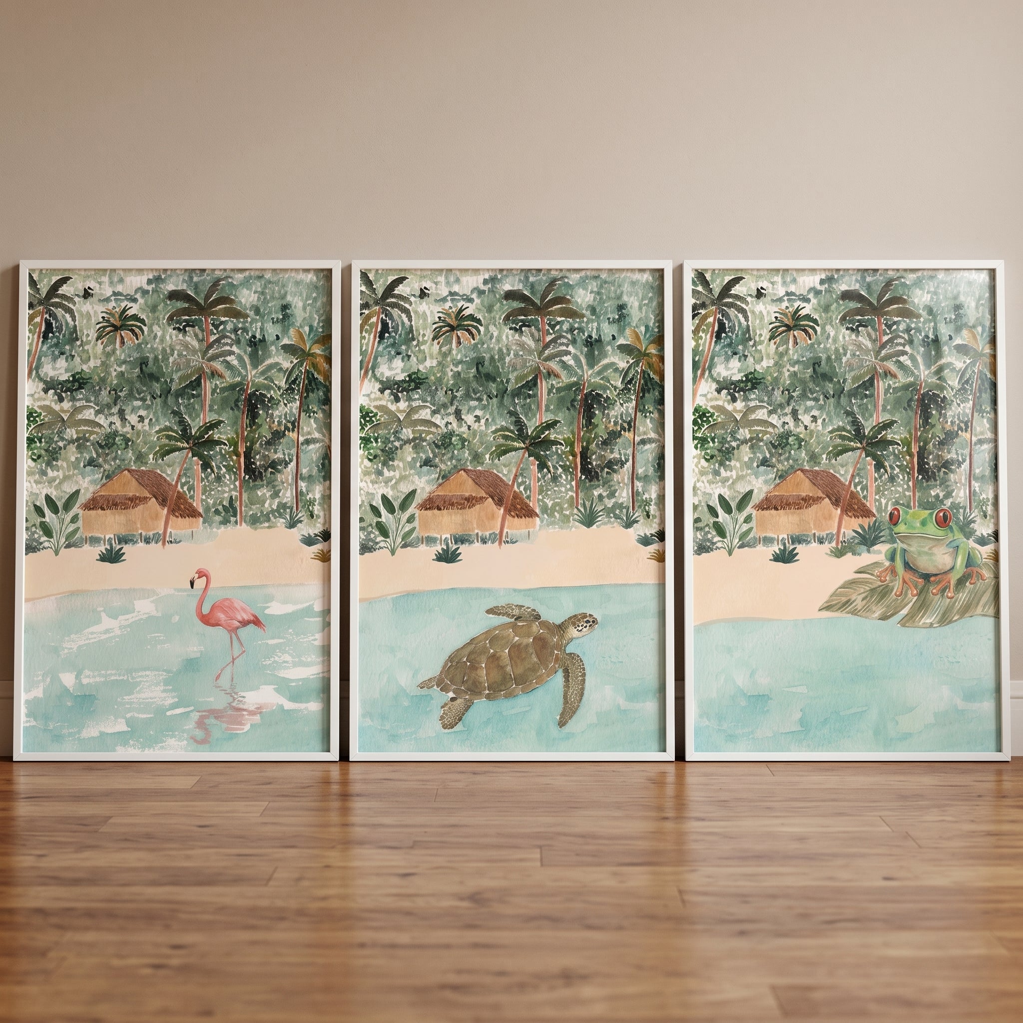 Earthy Botanical Jungle Animals Wall Art Set of 3 - Coastal Wildlife Scenes