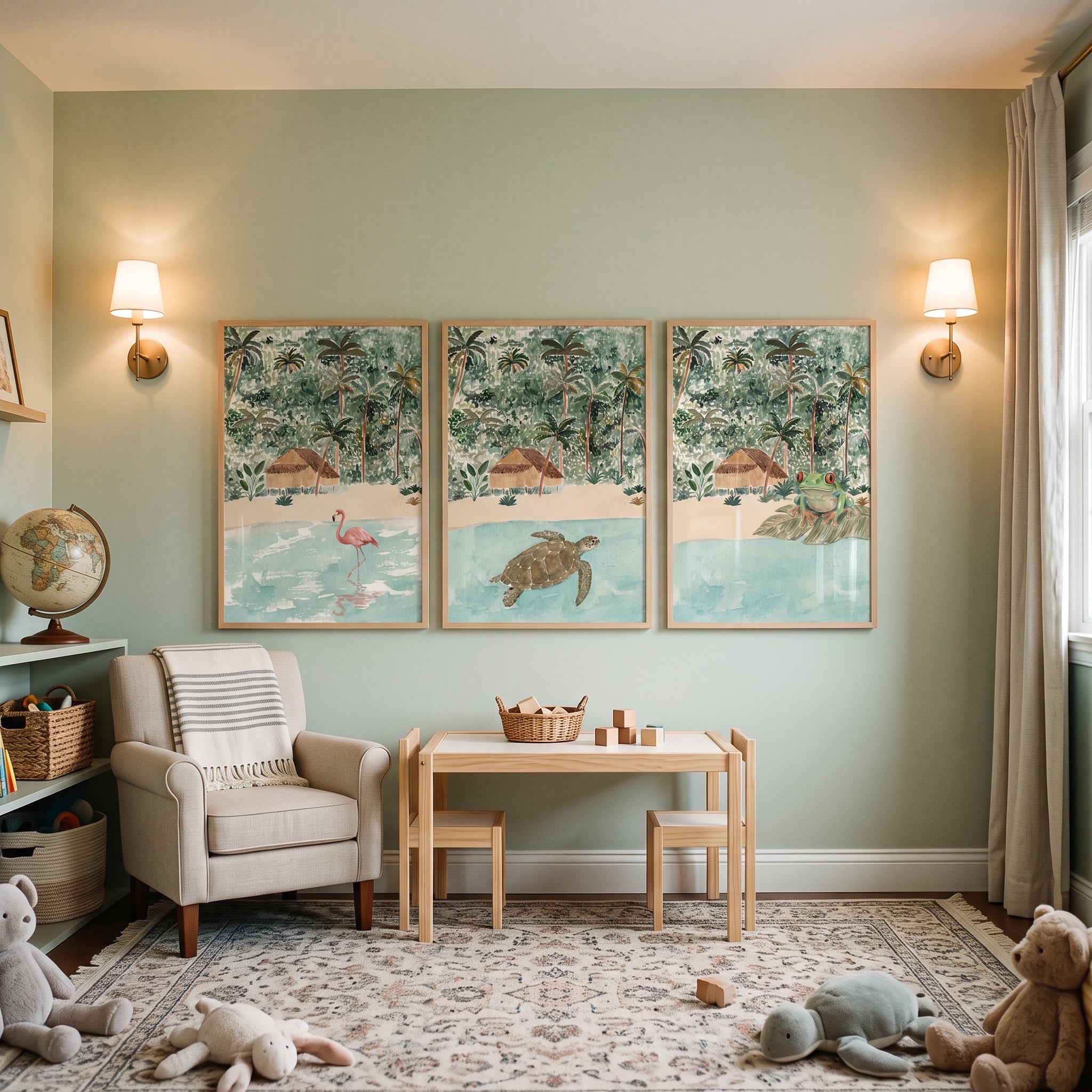 Earthy Botanical Jungle Animals Wall Art Set of 3 - Coastal Wildlife Scenes
