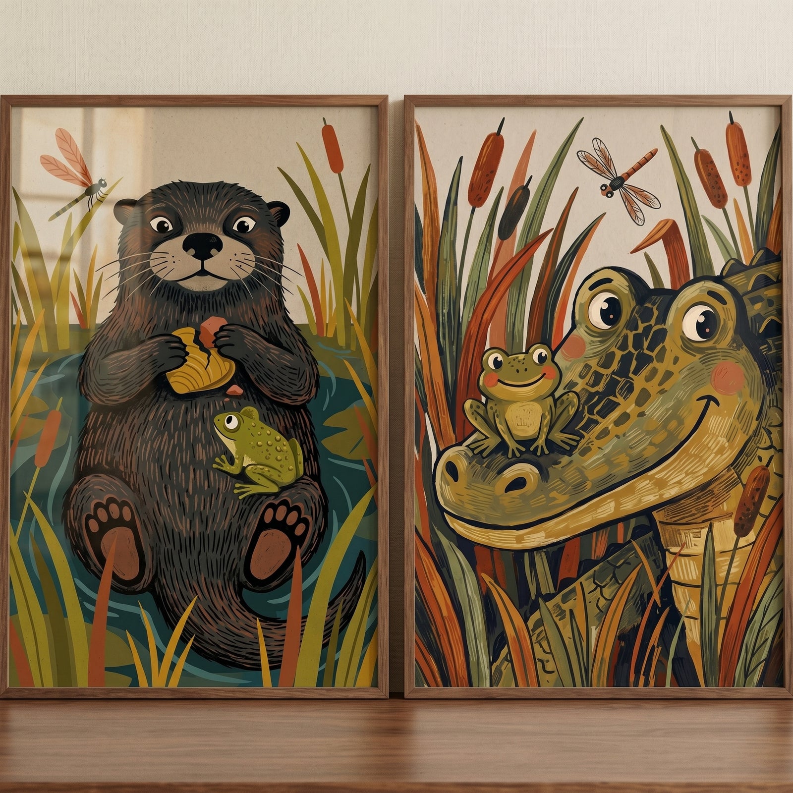 Earthy botanical marsh animals wall art set of 2 with an otter and alligator accompanied by frogs in a marsh habitat.