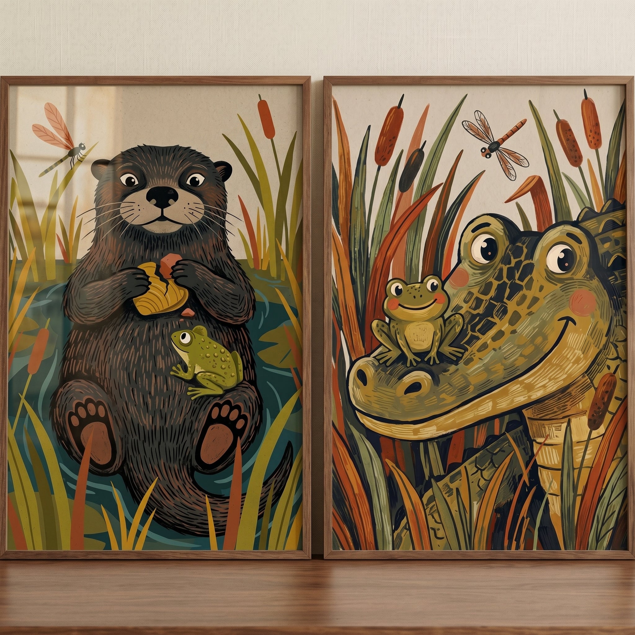 Earthy Botanical Marsh Animals Wall Art Set Of 2 - Marshland Best Friends