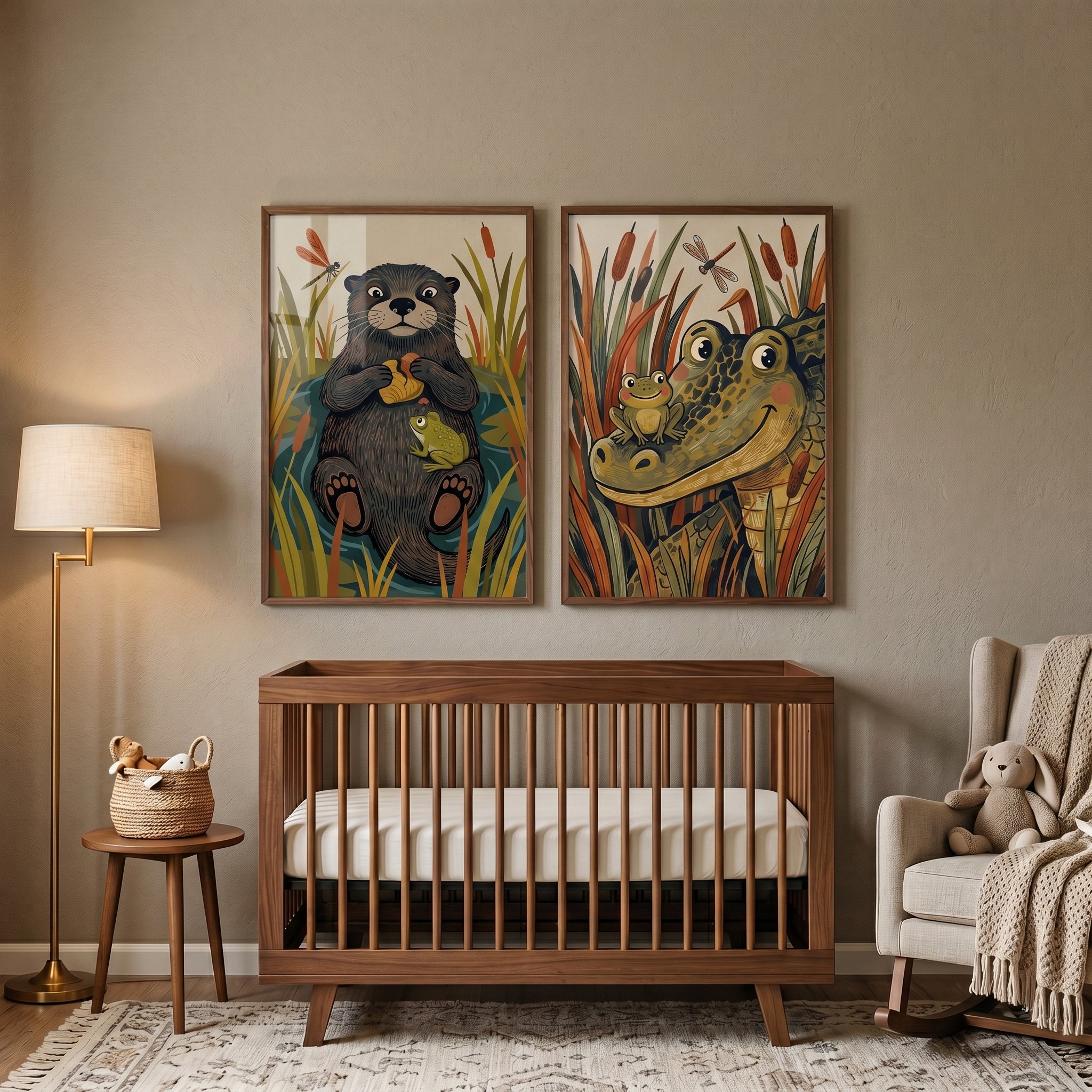 Earthy Botanical Marsh Animals Wall Art Set Of 2 - Marshland Best Friends
