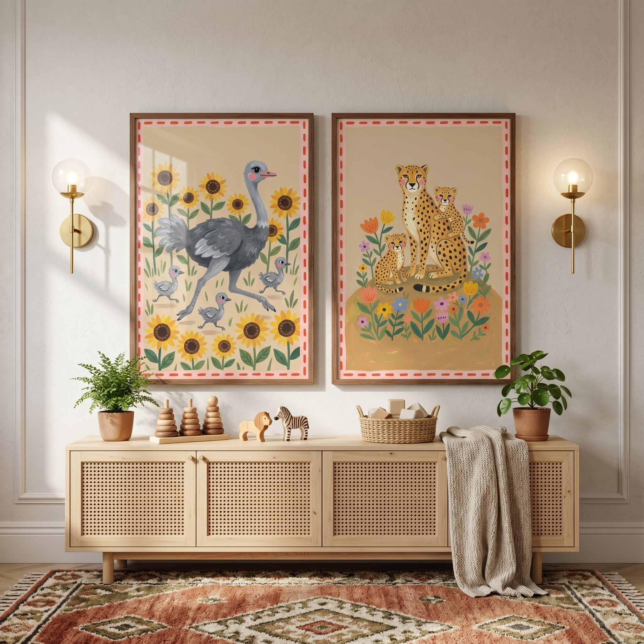 Earthy Botanical Savanna Animal Print Set Of 2 - Whimsical Safari Families