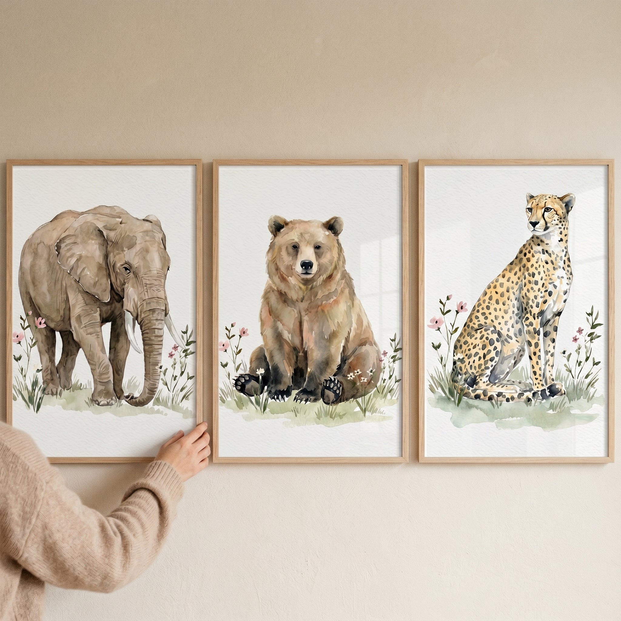 Earthy Botanical Wildlife Animal Wall Art Set of 3 - Gentle Wild Trio