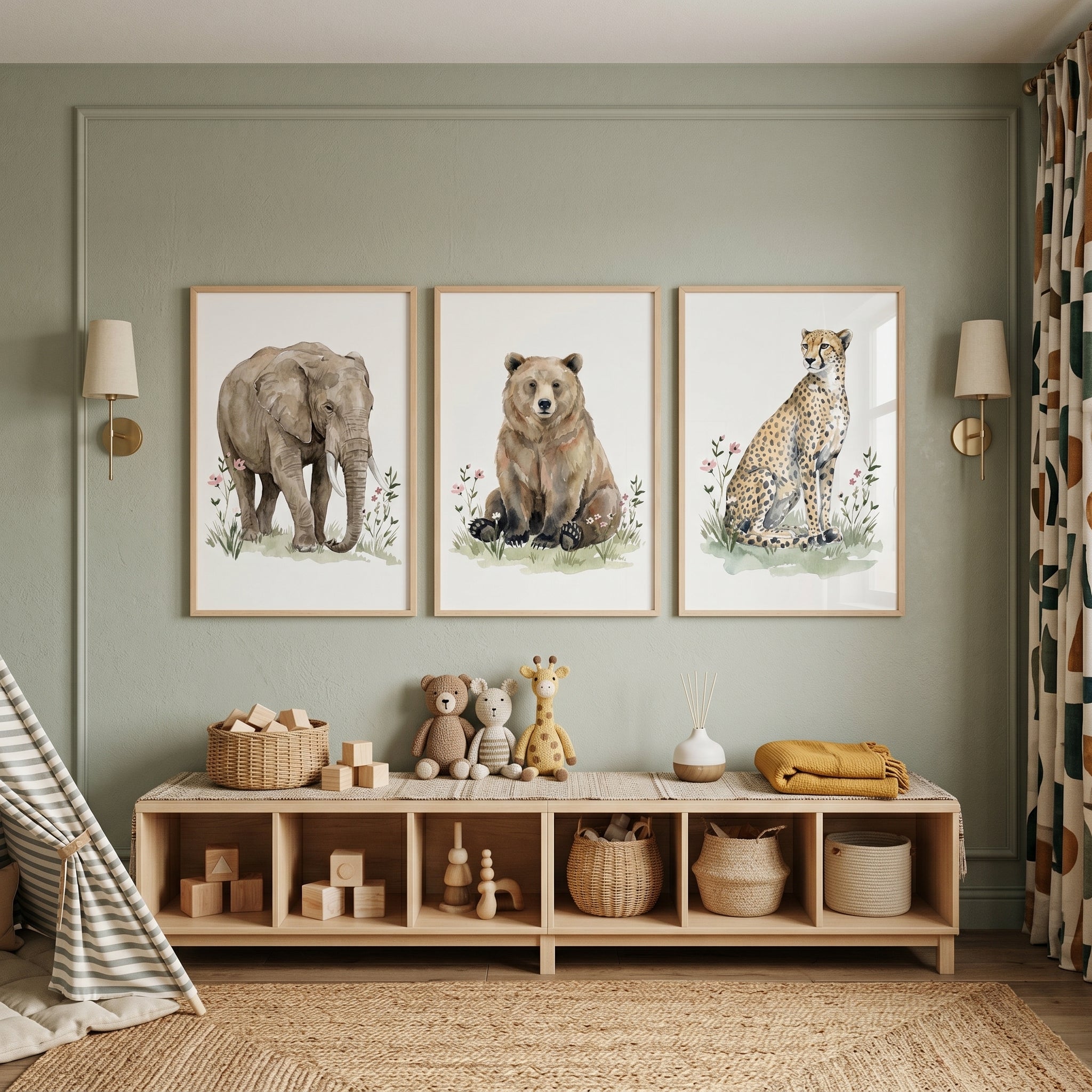 Earthy Botanical Wildlife Animal Wall Art Set of 3 - Gentle Wild Trio