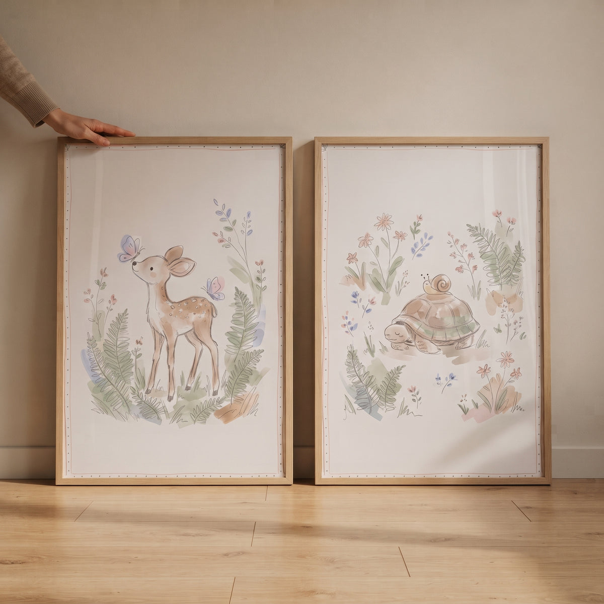 Earthy botanical woodland animal wall art set of 2 featuring a deer and a turtle in soft watercolor tones.