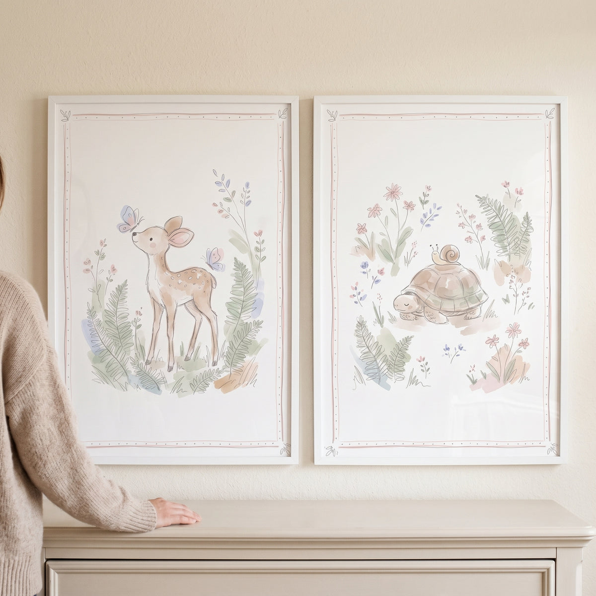 Earthy Botanical Woodland Animal Wall Art Set of 2 - Gentle Woodland Pair