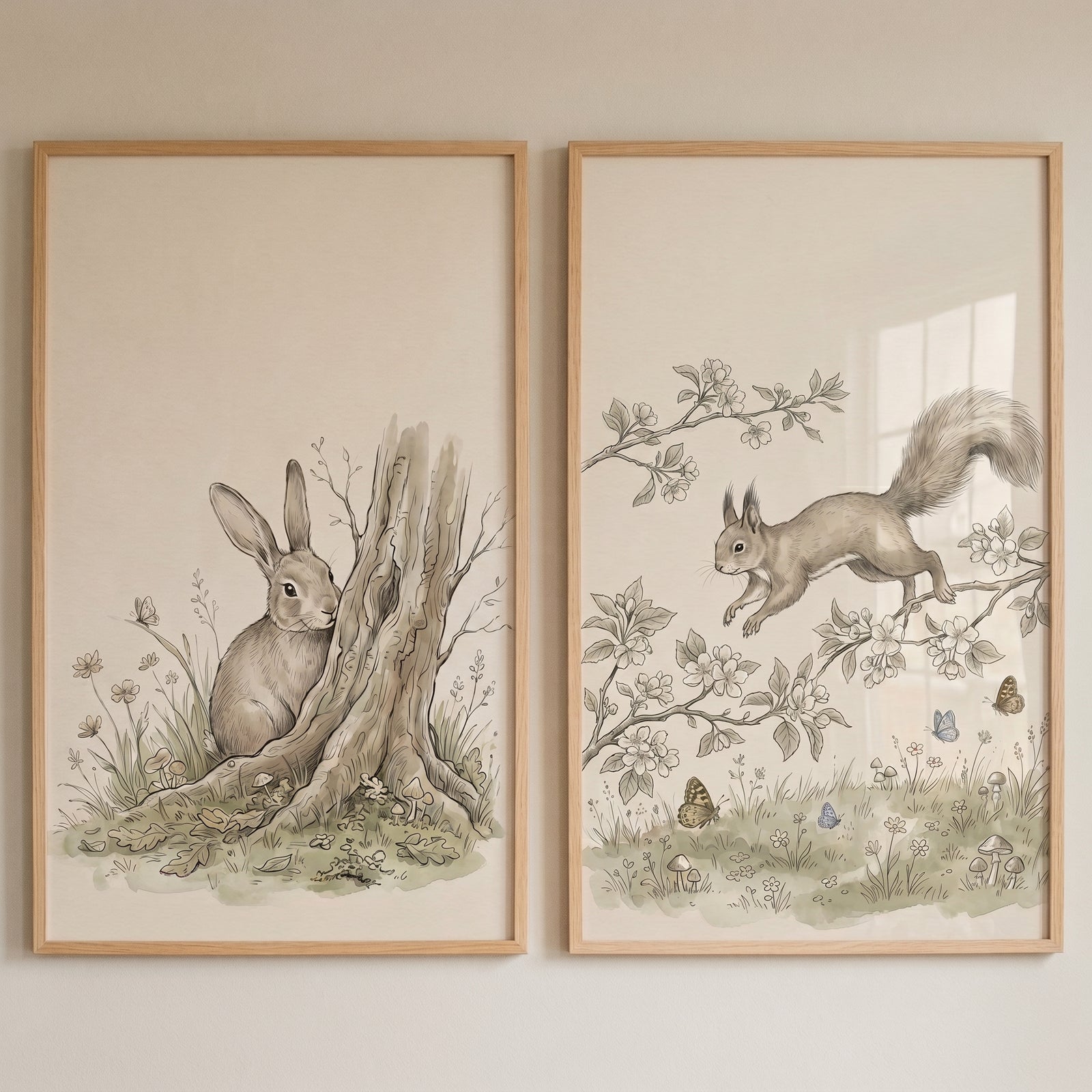 A rabbit and a squirrel feature in this earthy botanical woodland animals wall art set of 2 with light wood frames.