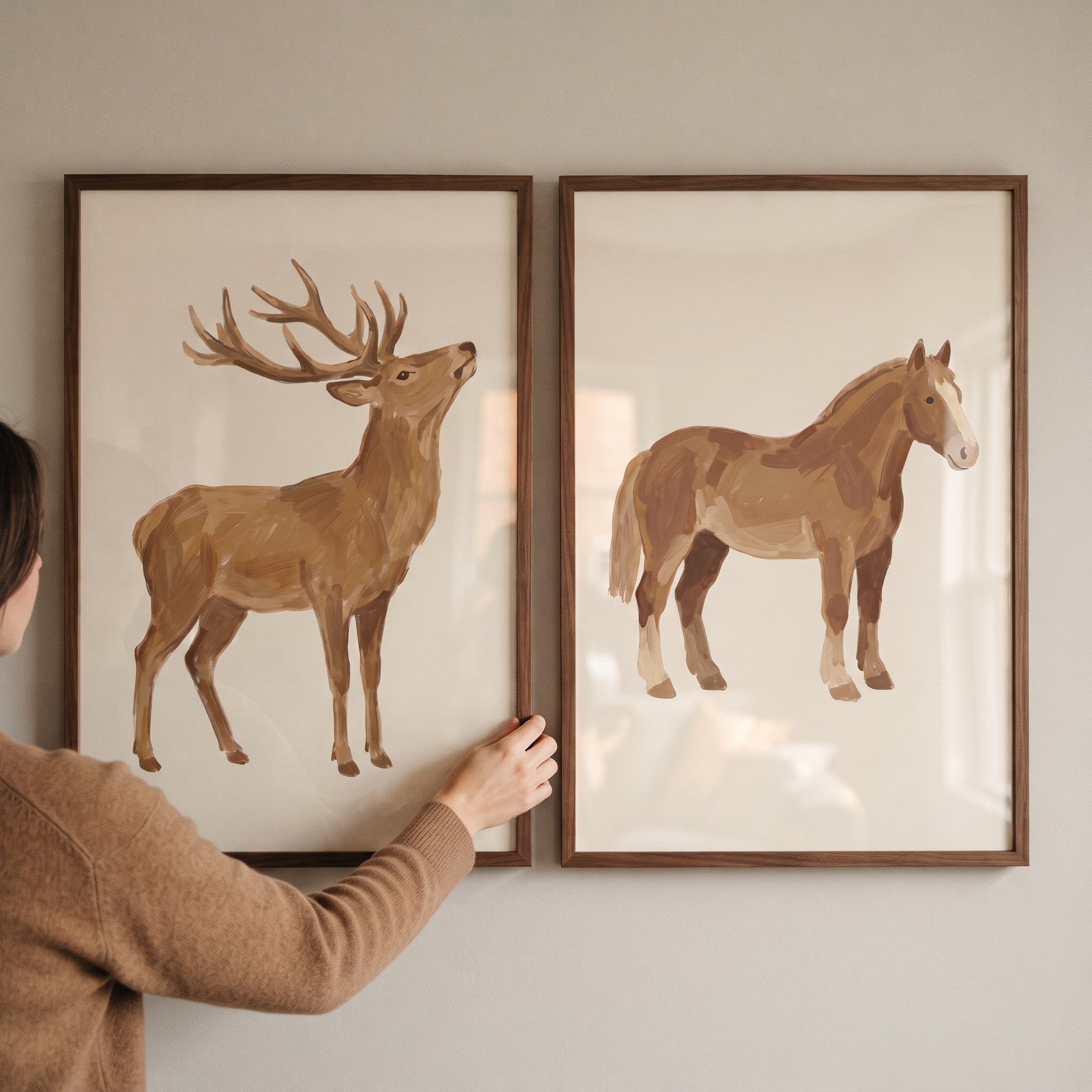 Earthy Brown Animals Wall Art Set of 2 - Rustic Animal Duo
