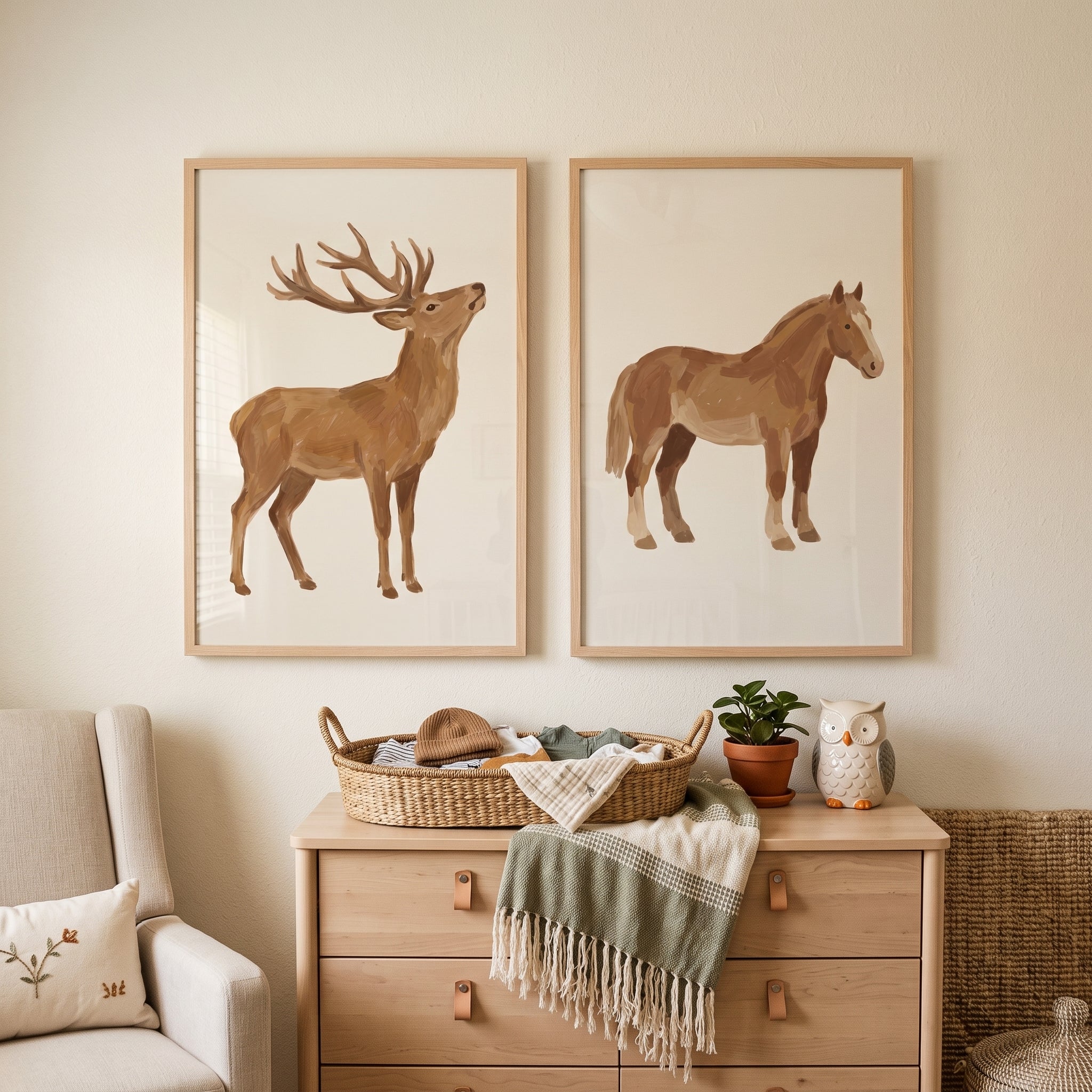 Earthy Brown Animals Wall Art Set of 2 - Rustic Animal Duo