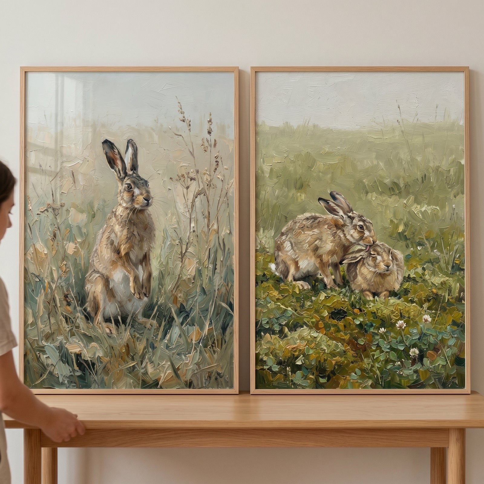 Textured prints of rabbits in nature make up this earthy brown hare wall art set of 2 in light wood frames.
