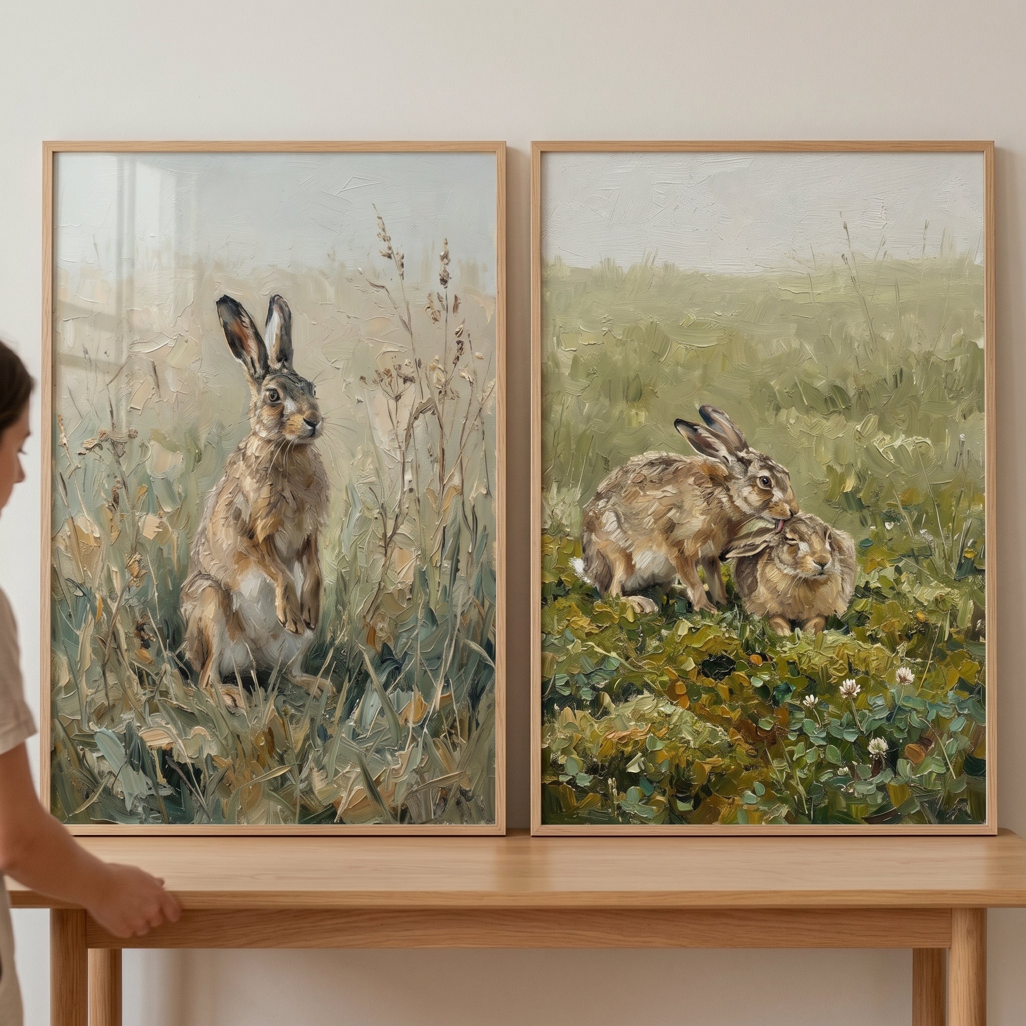 Earthy Brown Hare Wall Art Set of 2 - Wild Meadow Hares